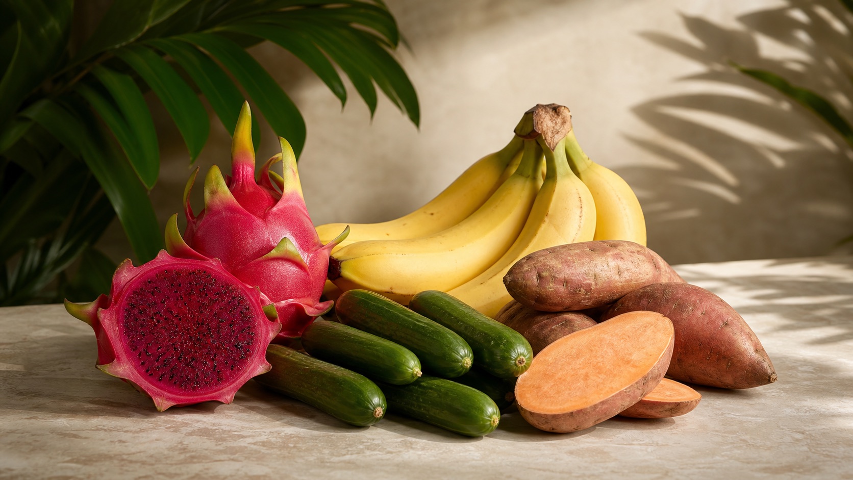 Tier A pilot crops: red dragon fruit, mini cucumber, sweet potato and banana